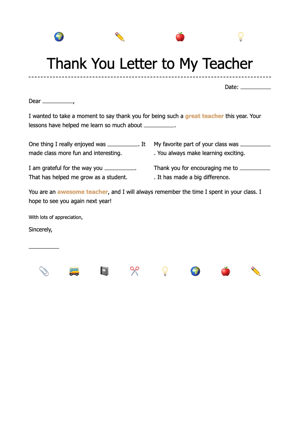 Student thank you letter template for teacher end of year with fill in blanks and school icons_variant_1